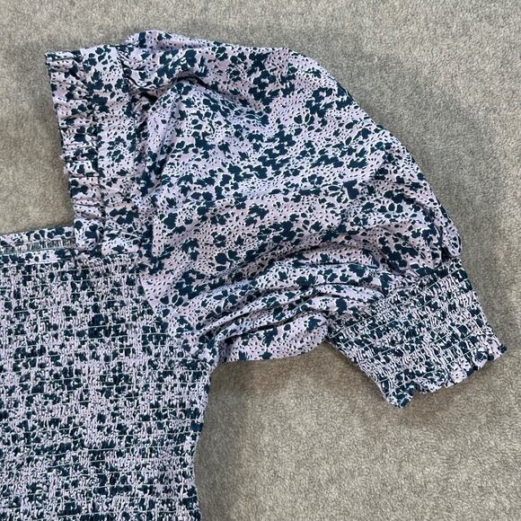 CeCe Puff Sleeve Top Women's Large Purple Floral Square Neck Smocked Ruffle - Picture 2 of 9